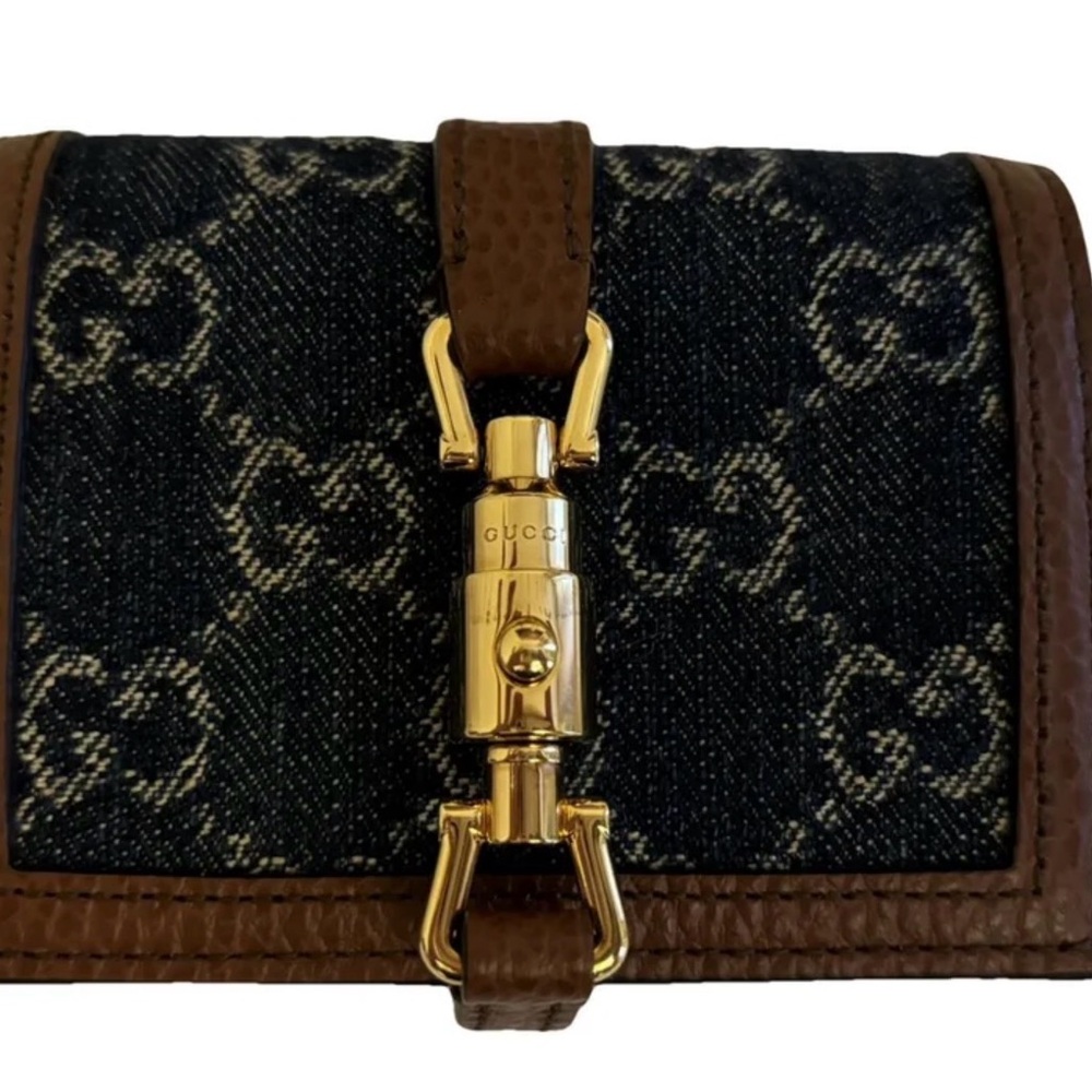 Gucci Denim Monogram Wallet with Brown Leather Trim
